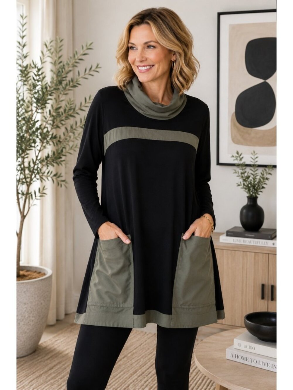 Joseph Ribkoff Black Cowl Neck Tunic Top Contrast Pocket Stretch Size 10